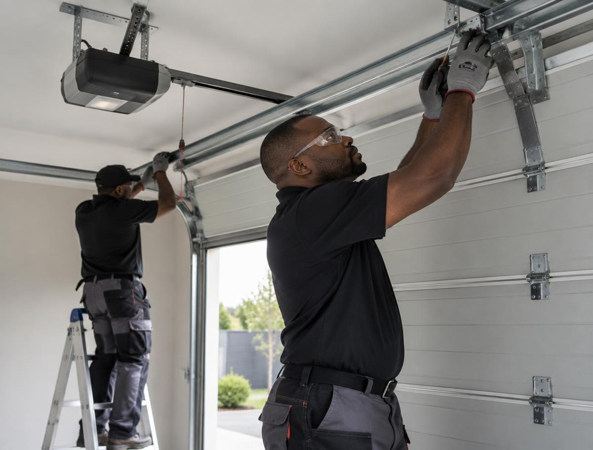 Technicians installing a sectional garage door