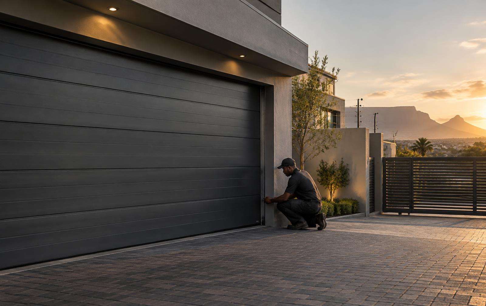 Technician inspecting a modern garage door and secured gate